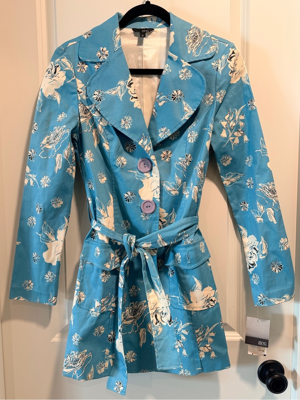 zinc Vintage Y2K Women’s Turquoise Floral Belted Trench Coat Size S